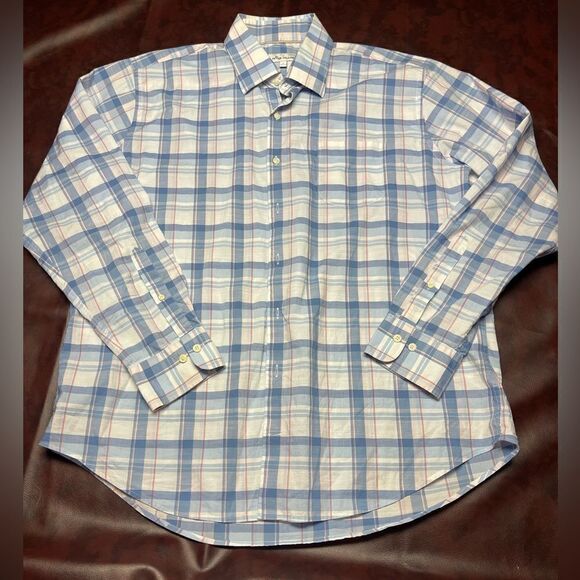 Peter Millar blue white pink plaid long sleeve button down shirt, size XL - Picture 1 of 13
